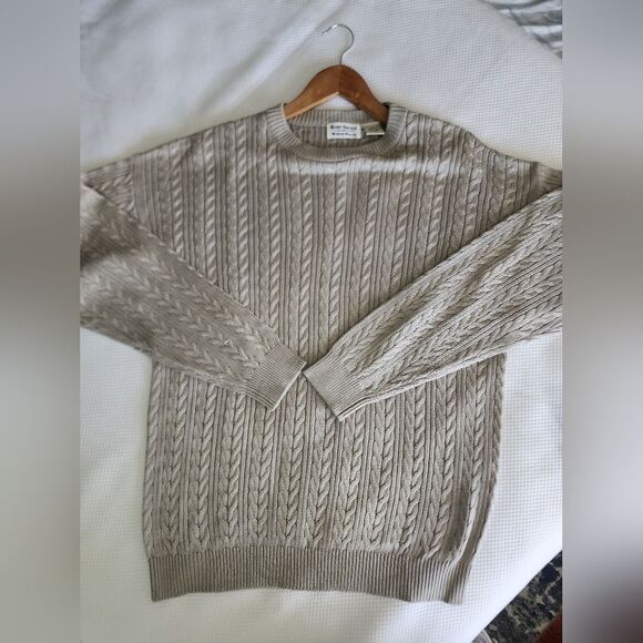 Neiman Marcus Sil Grey Tan Crewneck Sweater Cable Knit - Picture 7 of 7
